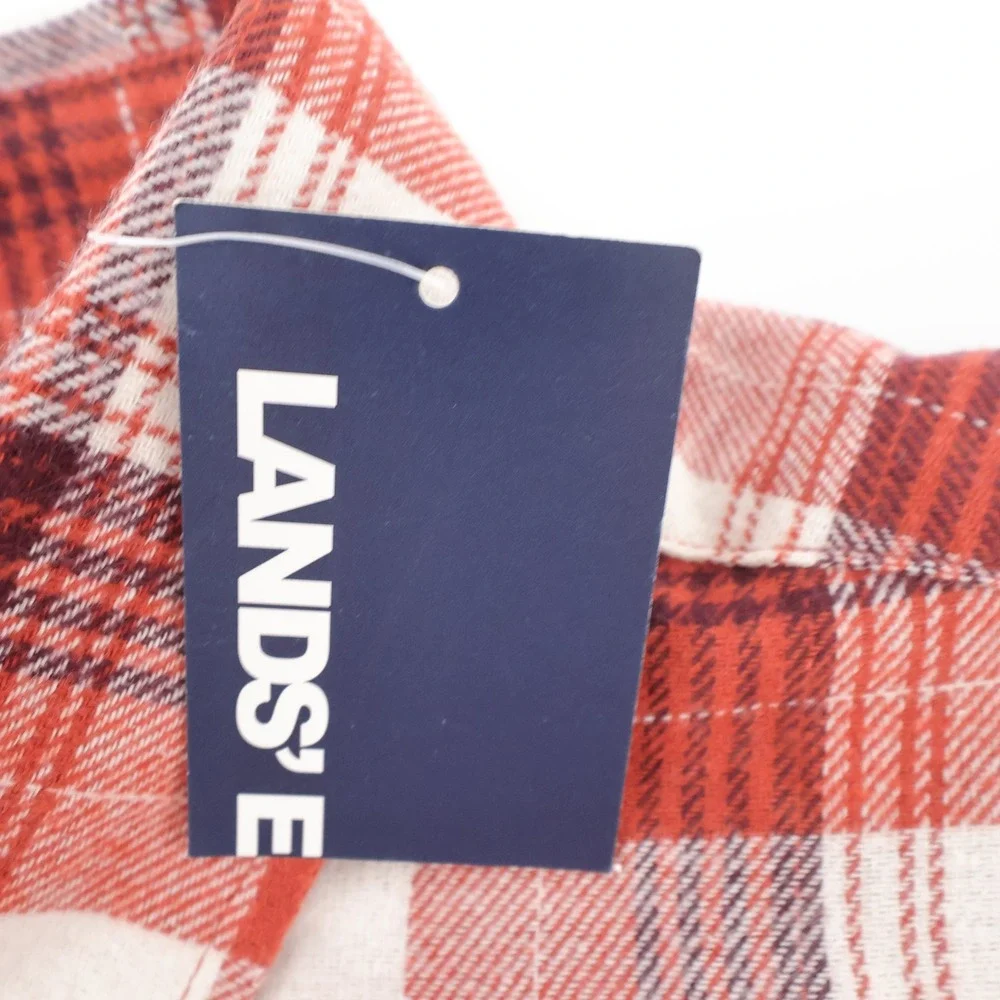 NEW Lands' End Plaid Flannel Button Down Shirt Orange Long Sleeve Mens Large
